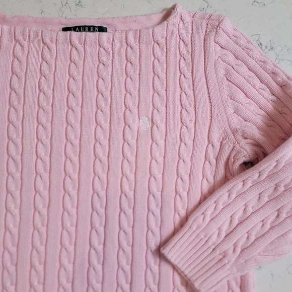Lauren Ralph Lauren Petit Pink Cable Knit Sweater petit Small Academia Preppy - Picture 10 of 10